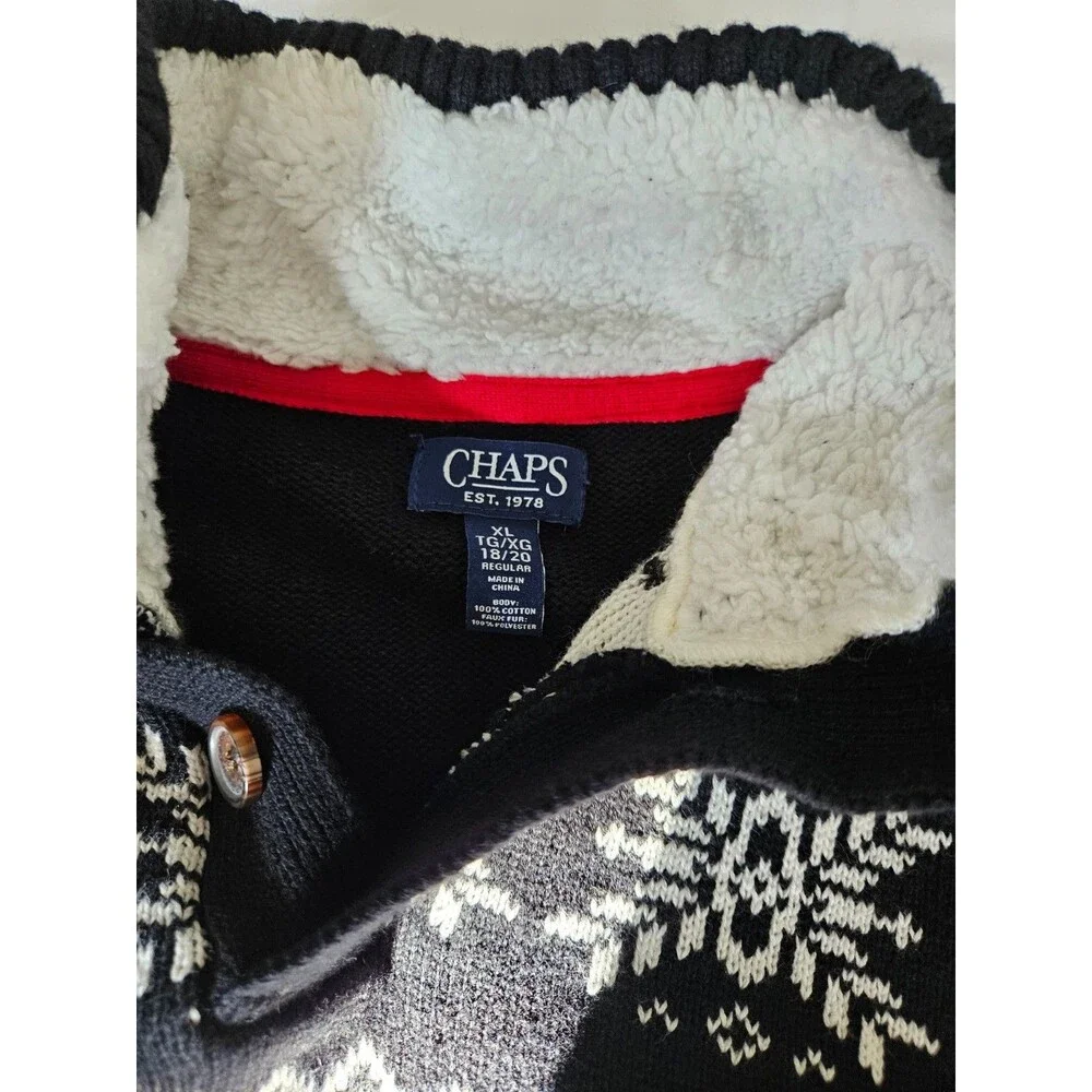 Chaps Sweater Boys XL 18/20 Black‎ Mock Neck Fair Isle Sherpa Collar